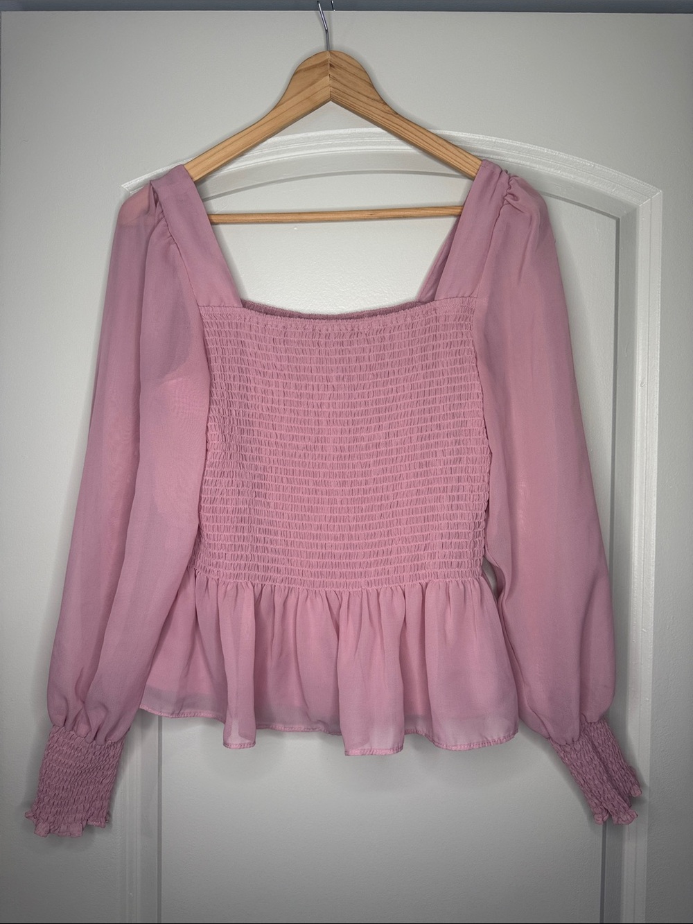 Nine West Pink Smocked Peplum Blouse | Size Large | Cottagecore Romantic Top